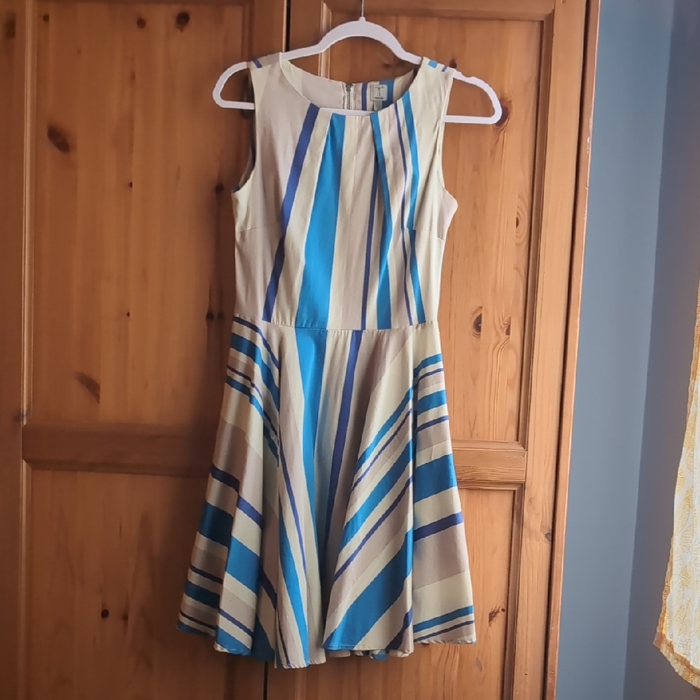 Tristan Striped Sleeveless Dress in Cream, Blue, Turquoise